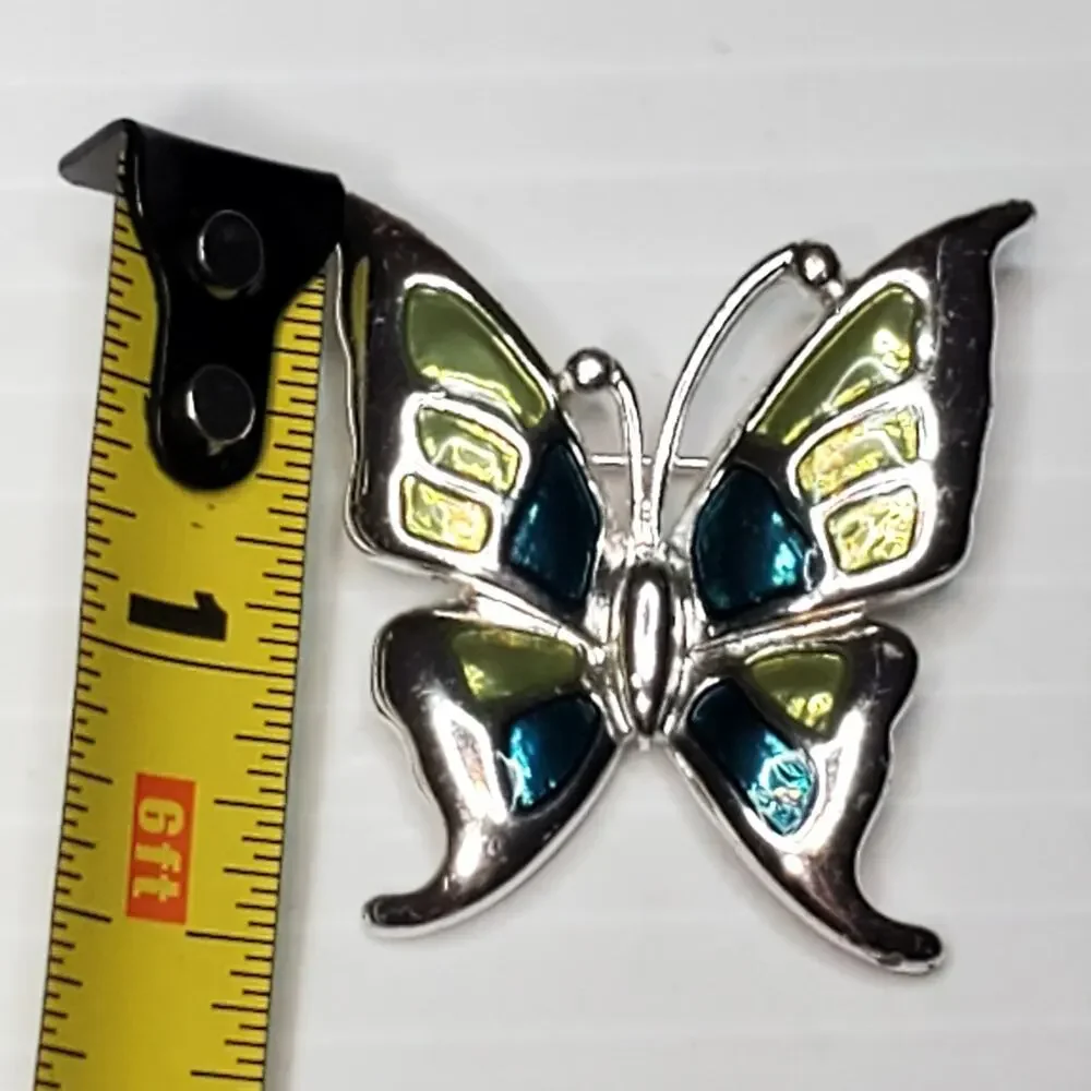 Blue Green Enamel Butterfly Silver Tone 1.5